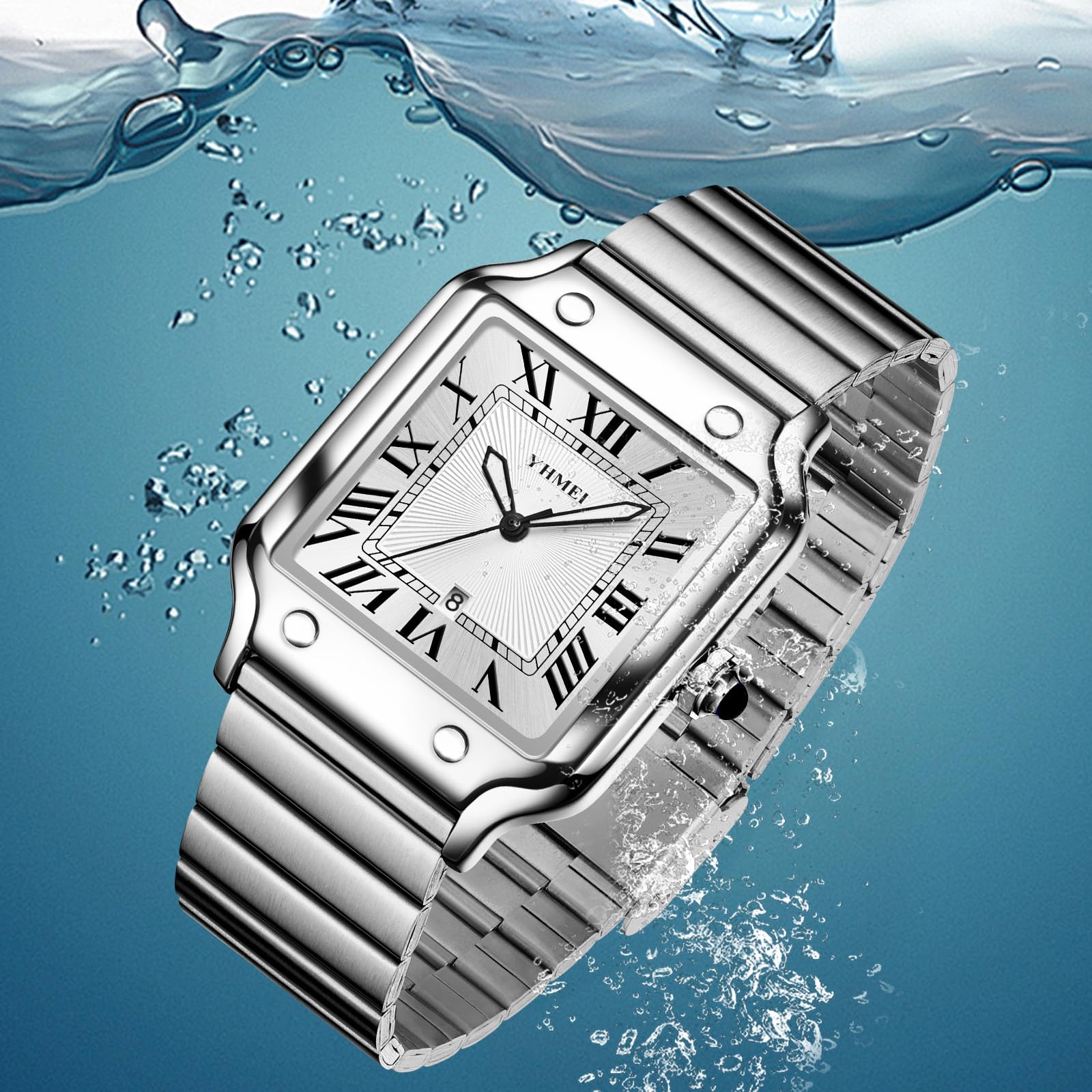 CARLIEN Orologio da polso unisex, classico, quadrato, numeri romani, argento, analogico, impermeabile, cinturino in acciaio inox, visualizzazione della data, orologio da polso casual