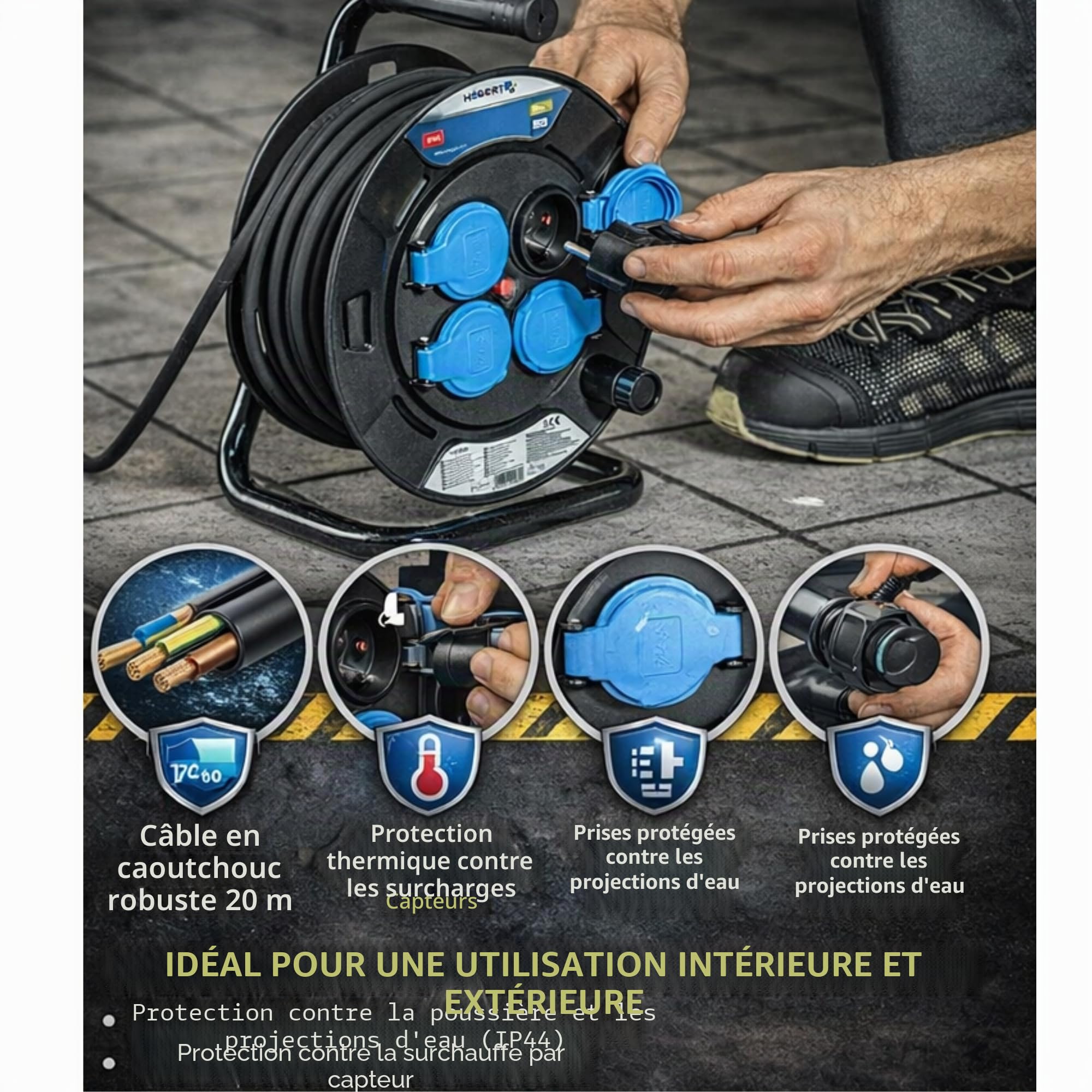 Högert Technik Enrouleur de câble avec isolation en caoutchouc 20 m HT1E720
