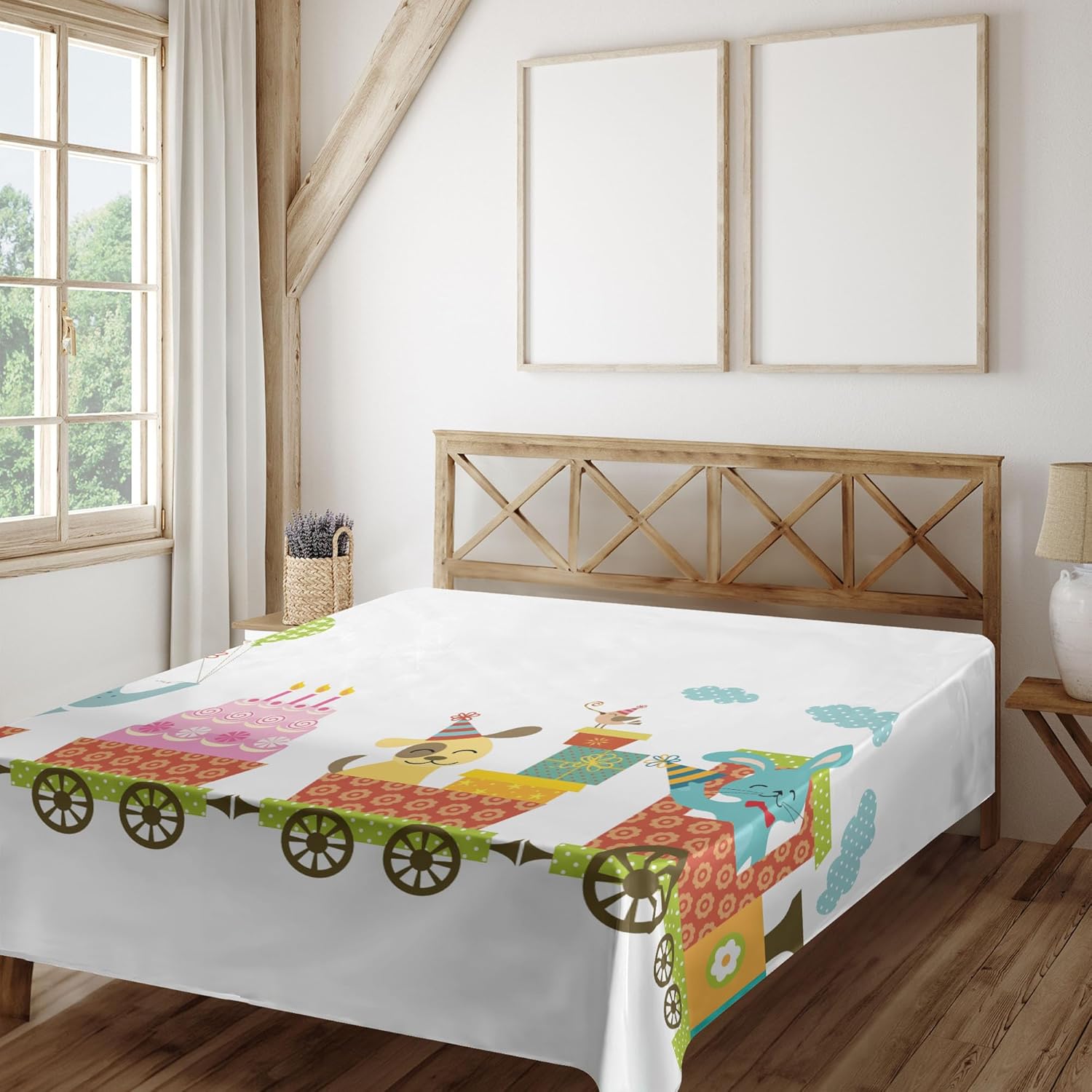 Ambesonne Birthday Party Flat Sheet, Happy Cartoon Style Cake Dessert Animals Balloons in a Party Train Image, Soft and Comfortable Top Sheet Decorative Bedding 1 Piece, Full Size, Multicolor