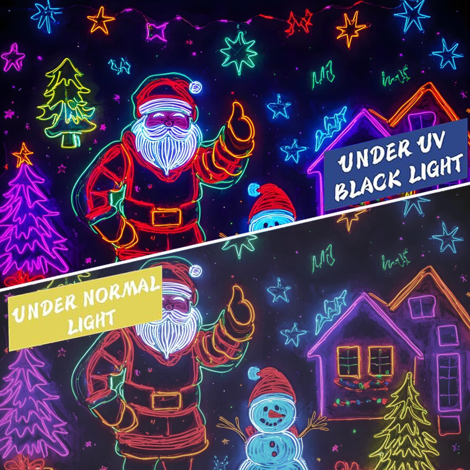 Black Light Tapestry-Merry ChristmasUV Reactive Glow in the Dark WallHanging, Santa Claus Christmas TreeSnowman Elk Home Decoration forParty Bedroom or Dormitory (Santa claus &Elk, 79"x59", Unframed)