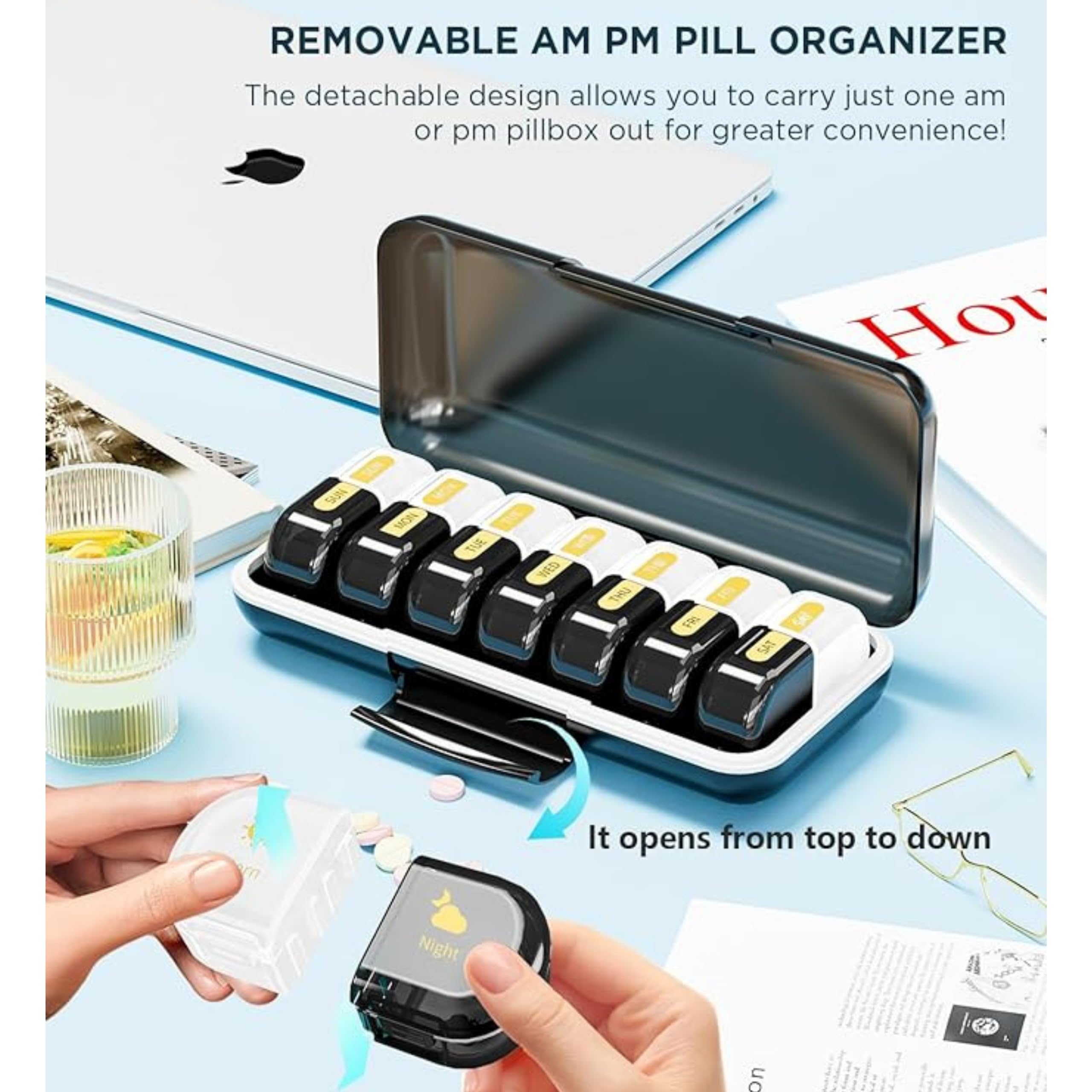 POPCUBE Premium Medicine Organizer Box 2 times a day with Detachable Compartments-Pill Organizer Box for Travel, storing medicines, pills, supplements (Black & White) 2