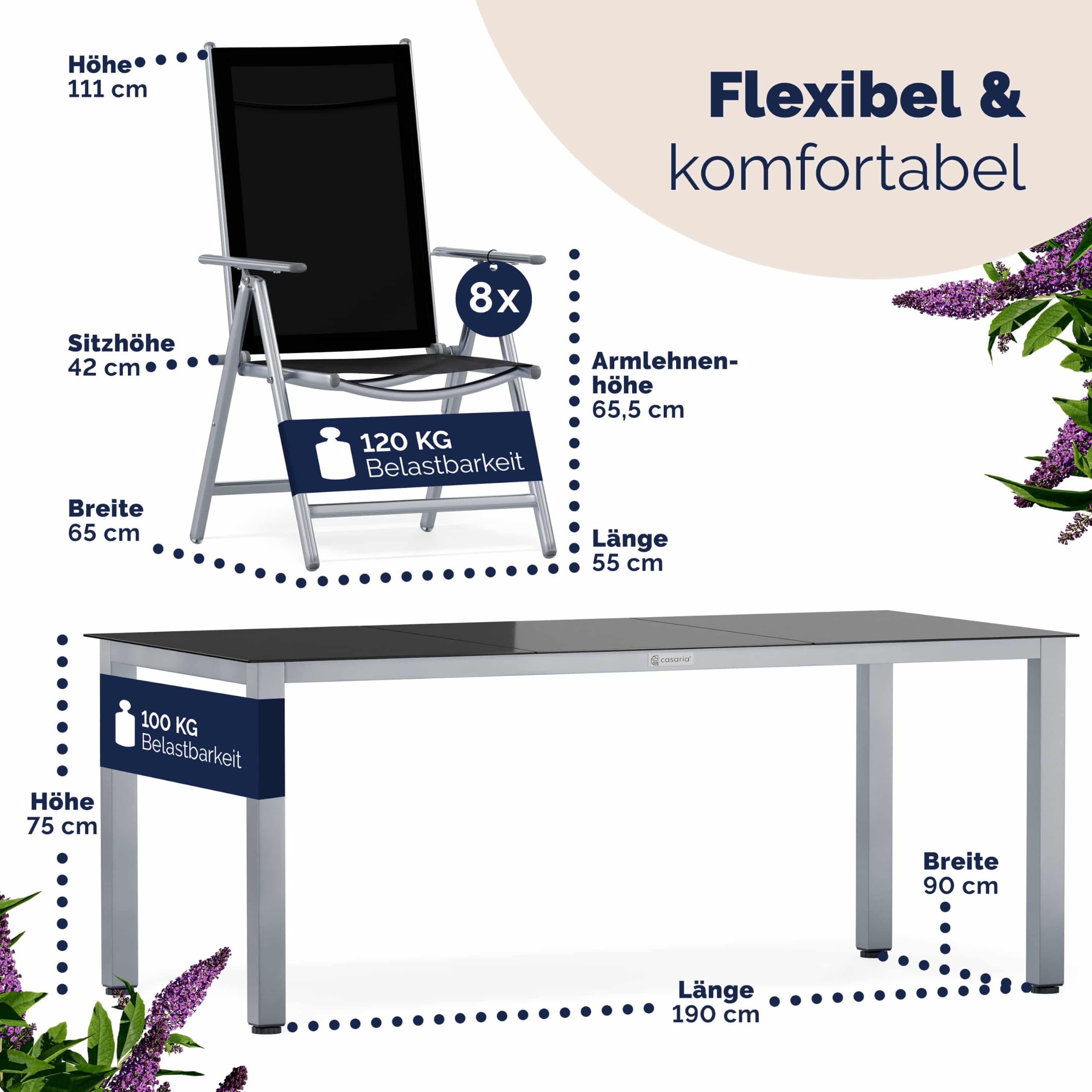 Casaria® Gartenmöbel Set 8 Stühle mit Tisch 190x90cm Aluminium Sicherheitsglas Wetterfest Klappbar Modern Terrasse Balkon Möbel Sitzgruppe Garnitur Bern