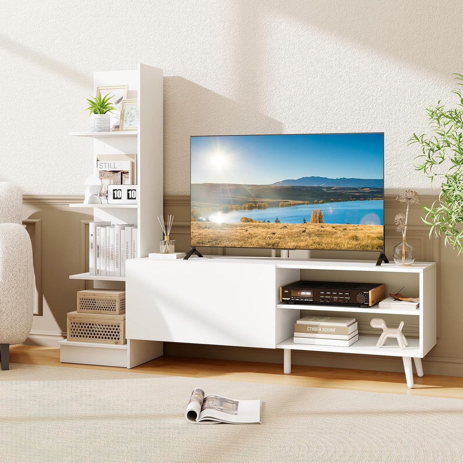 Tangkula White Bookshelf TV Stand for TVs up to 50'', Modern TV Cabinet Media Entertainment Center w/Bookshelf & 3-Position Adjustable Shelf, Television Console Table w/Metal Legs for Living Room