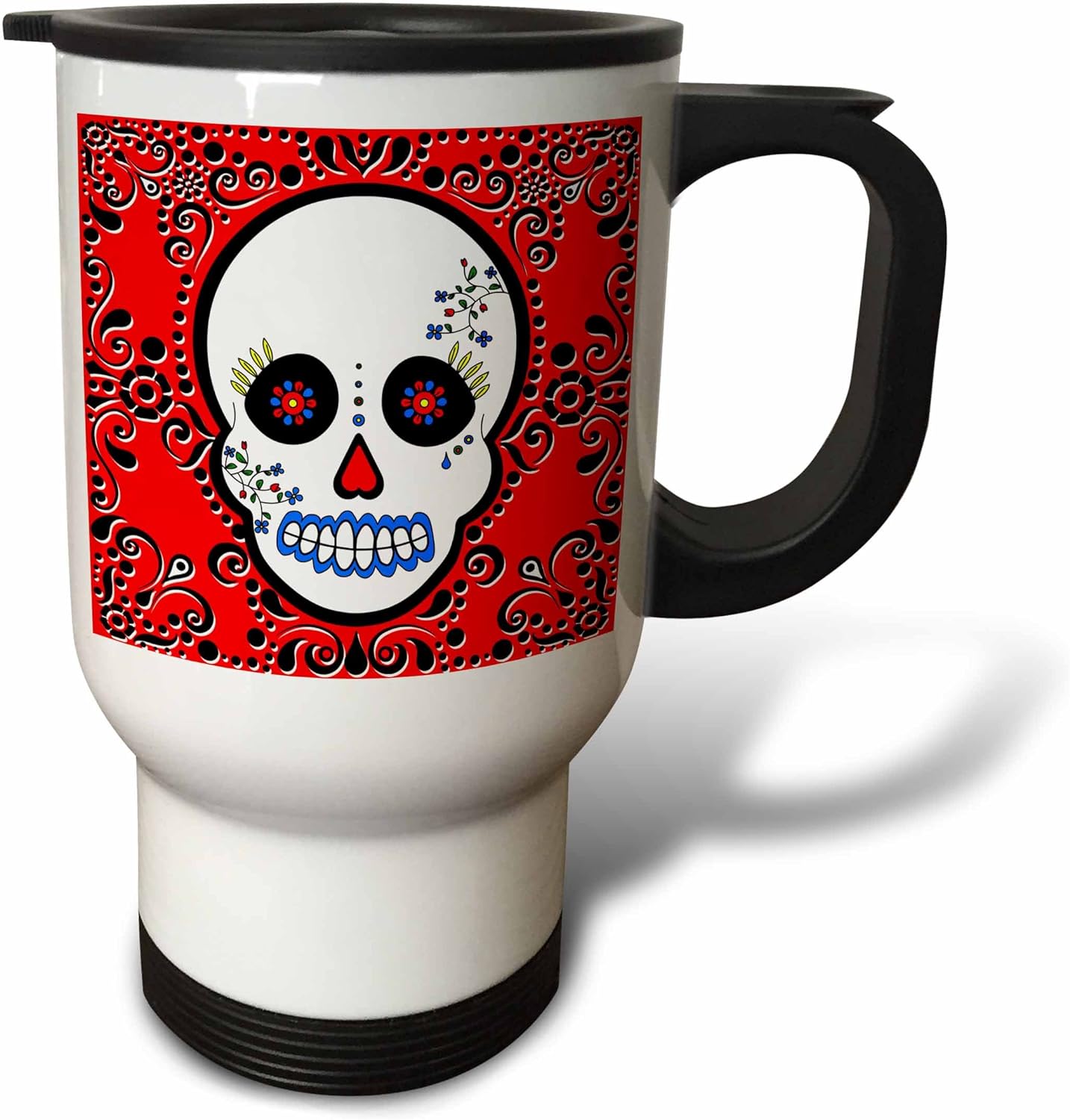 3dRose Day of The Dead Skull Dia De Los Muertos Sugar Skull Red Black Scroll Design Travel Mug, 14-Ounce, Stainless Steel