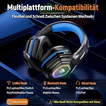 ozeino wireless gaming headset for pc/ps4/ps5 gaming headphones with usb-a & usb-c transmitter gamer headset with microphone and rgb light bluetooth headset for laptop/mobile/mac