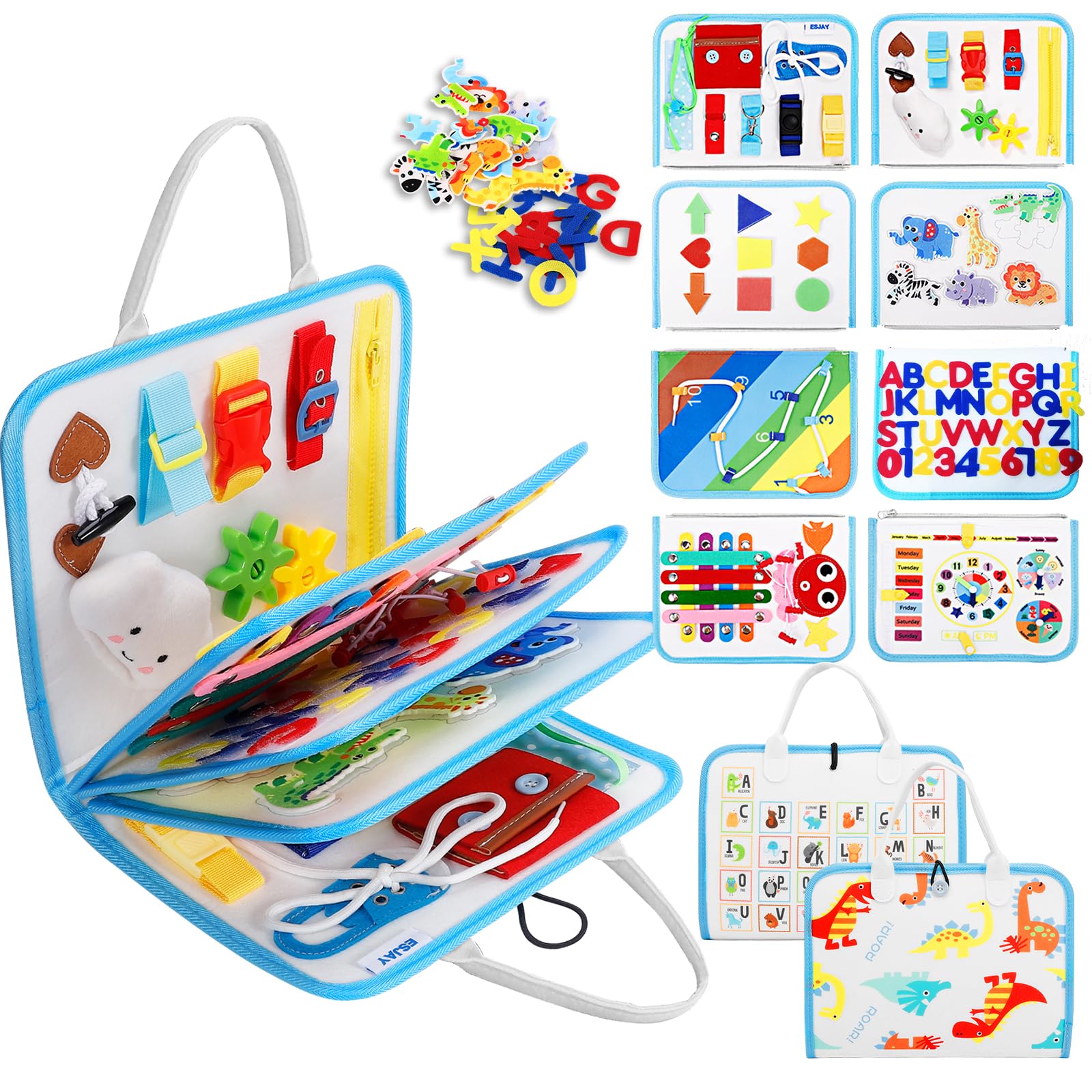 Esjay Toddler Busy Board Montessori Toys, Sensory Board Educational Activities for Learning Fine Motor Skills, Gifts for Girls Boys Toddlers 3+ Year Old, Travel Toys for Airplane Car,White Dinosaur