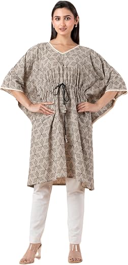 Jalpaibon Women's Printed Cotton Kaftan Dress | Loose Fit Lounge Wear | V-Neck Casual Maxi Nightwear with Drawstring Waist...