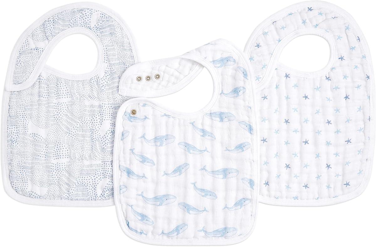 Babero de muselina 100% algodón – Babero súper absorbente y suave de 3 capas para niños y niñas con cierre ajustable para la dentición, comer y babear, paquete de 3, Oceanic
