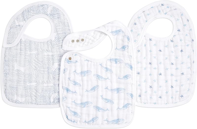 Babero de muselina 100% algodón – Babero súper absorbente y suave de 3 capas para niños y niñas con cierre ajustable para la dentición, comer y babear, paquete de 3, Oceanic