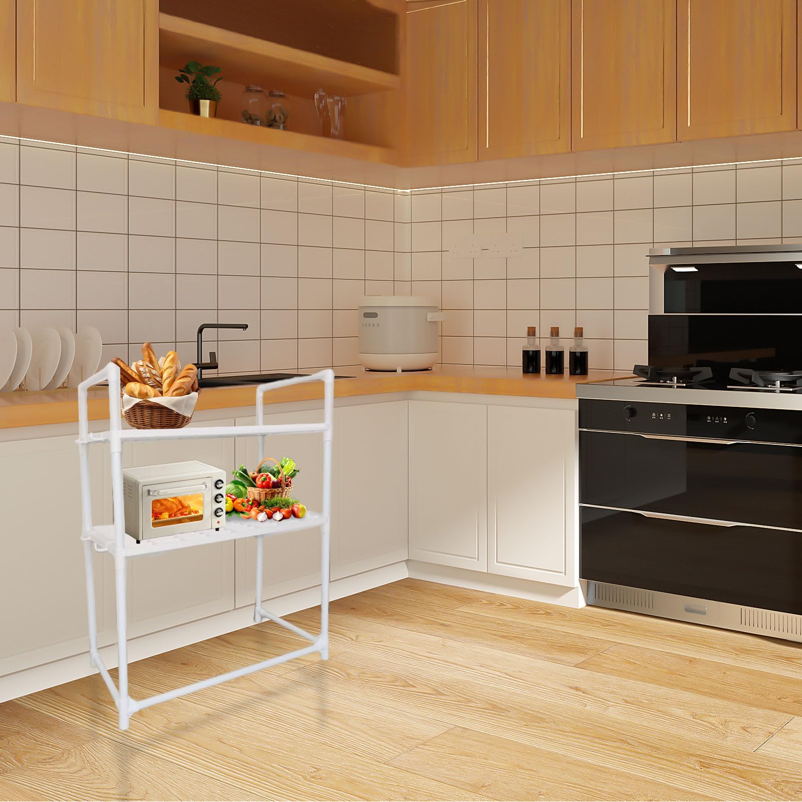 Rejilla para Horno Microondas, Soporte de Almacenamiento de Cocina Multiusos Fuerte con Ganchos para el Hogar, Acero Al Carbono, Blanco, 2 Niveles, 73x50,5x27cm