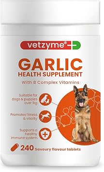 Vetzyme الثوم الملحق الصحي للكلاب 240 أقراص - مع الفيتامينات المعقدة B لتعزيز اللياقة البدنية ودعم نظام المناعة الصحي