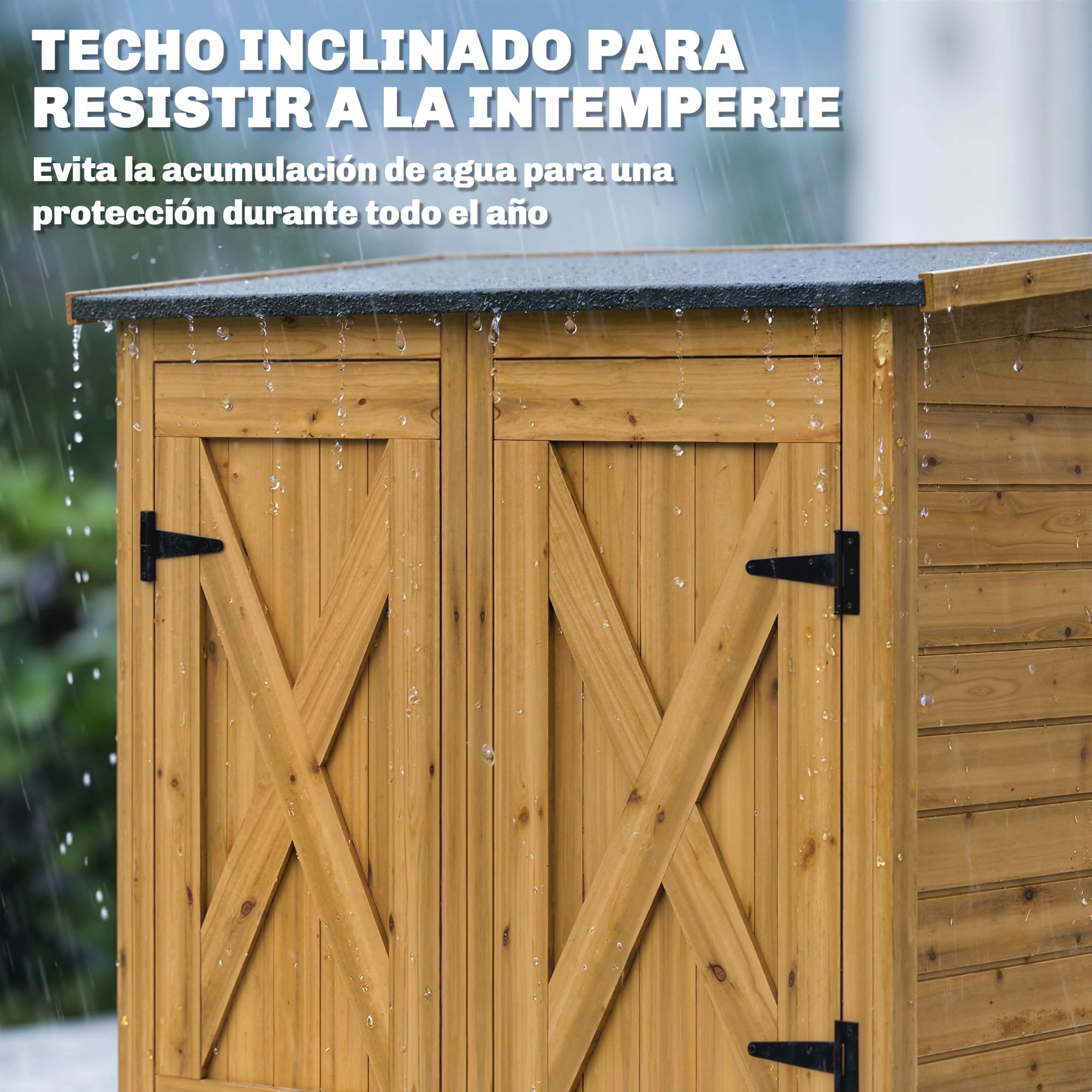 Outsunny Caseta de Jardín de Madera 115x53x156 cm Cobertizo Jardín Exterior Armario Exterior para Herramientas con Puertas Dobles con Pestillo 2 Estantes y Techo Inclinado Fijación con Estacas Marrón