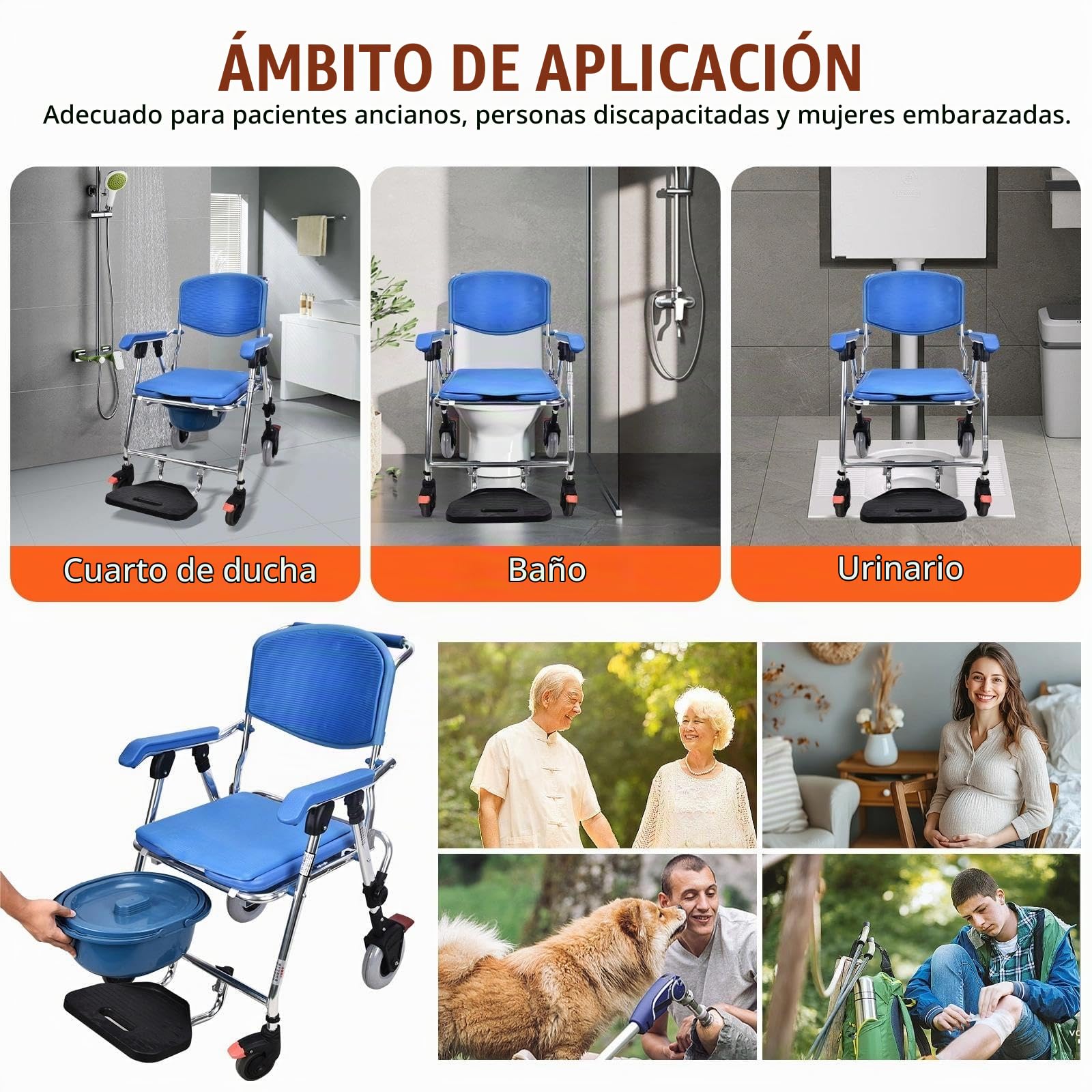 Silla de Ducha con Ruedas Plegable para Personas Mayores, 150kg | Silla de Ruedas para Ducha y WC, Silla Baño Ancianos Ducha Plegable con Cómodo Asiento y Respaldo, 4 Ruedas con Frenos