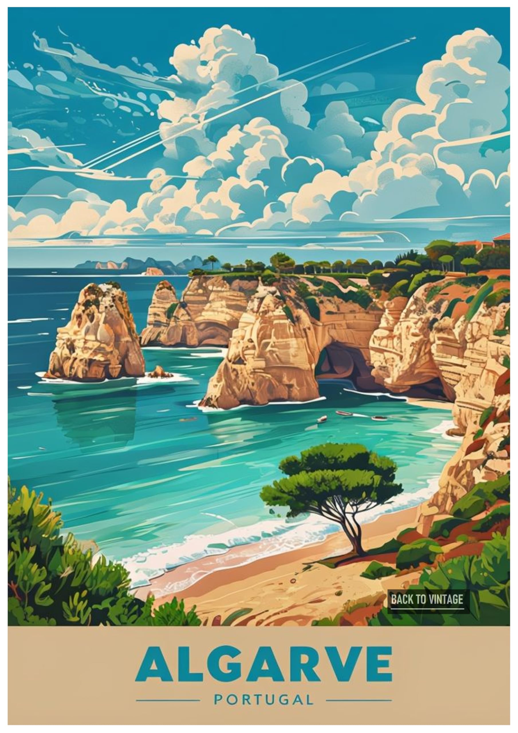 Back To Vintage Multicoloured Vintage Travel Poster Depicting Algarve Coastal Landscape - Retro Europe Travel Poster A4 Size Vintage Wall Art Print Of Famous European Destinations Ideal For Home Or Office Decor