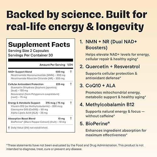 Miniatura 3 de Complejo de apoyo NAD+ - Fórmula NMN + NR con resveratrol, CoQ10, quercetina y pimienta negra - Energía celular y bienestar - Vegano, sin OMG, 60
