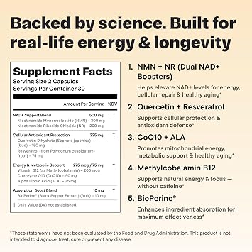 NAD+ Supplement with NMN & Nicotinamide Riboside (NR) Advanced Cellular Energy & Healthy Aging Complex with Resveratrol, CoQ10, Quercetin & BioPerine 60 Vegan Capsules
