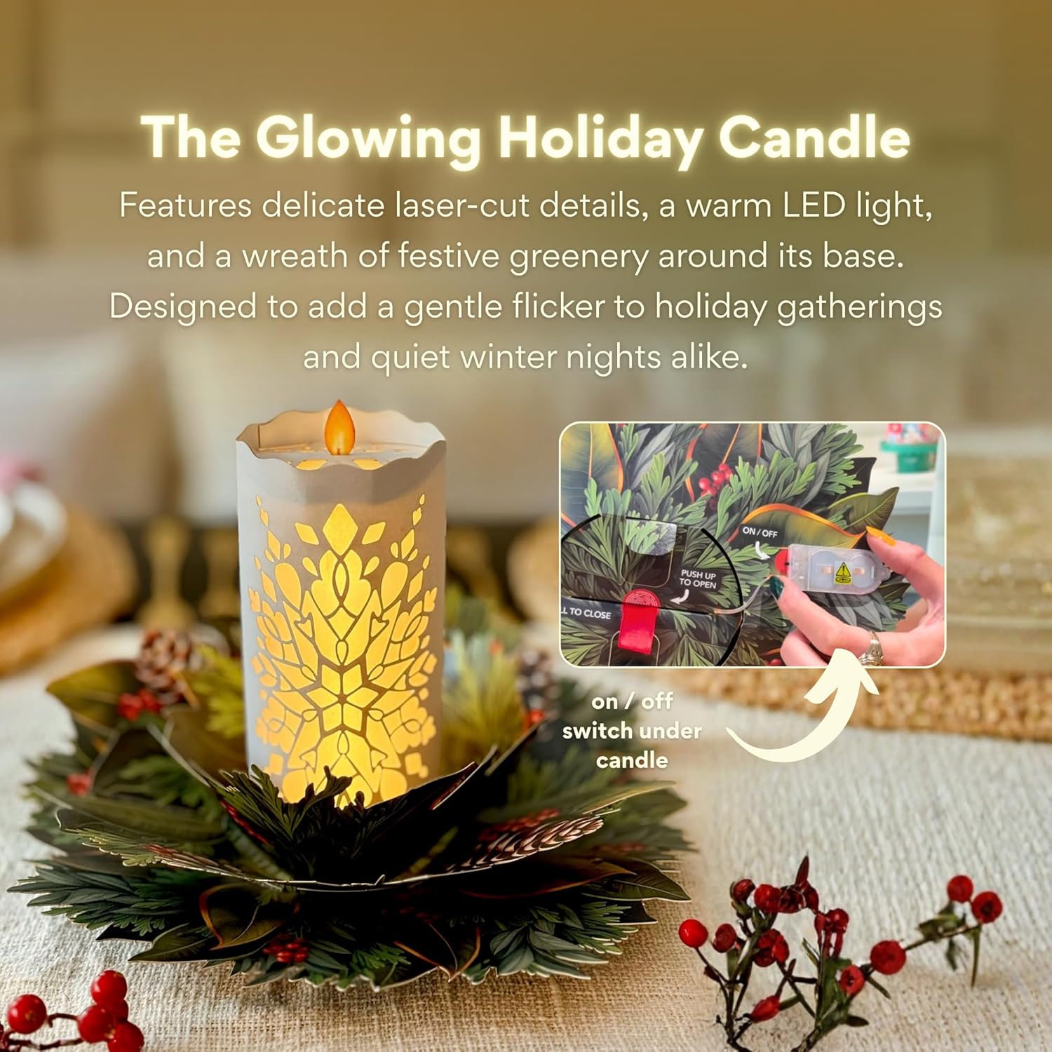 Freshcut Paper Light Up Pop Up Card, Light Up Holiday Candle with Lights, 3D Popup Christmas Cards, Holiday Card with Blank Notecard & Envelope