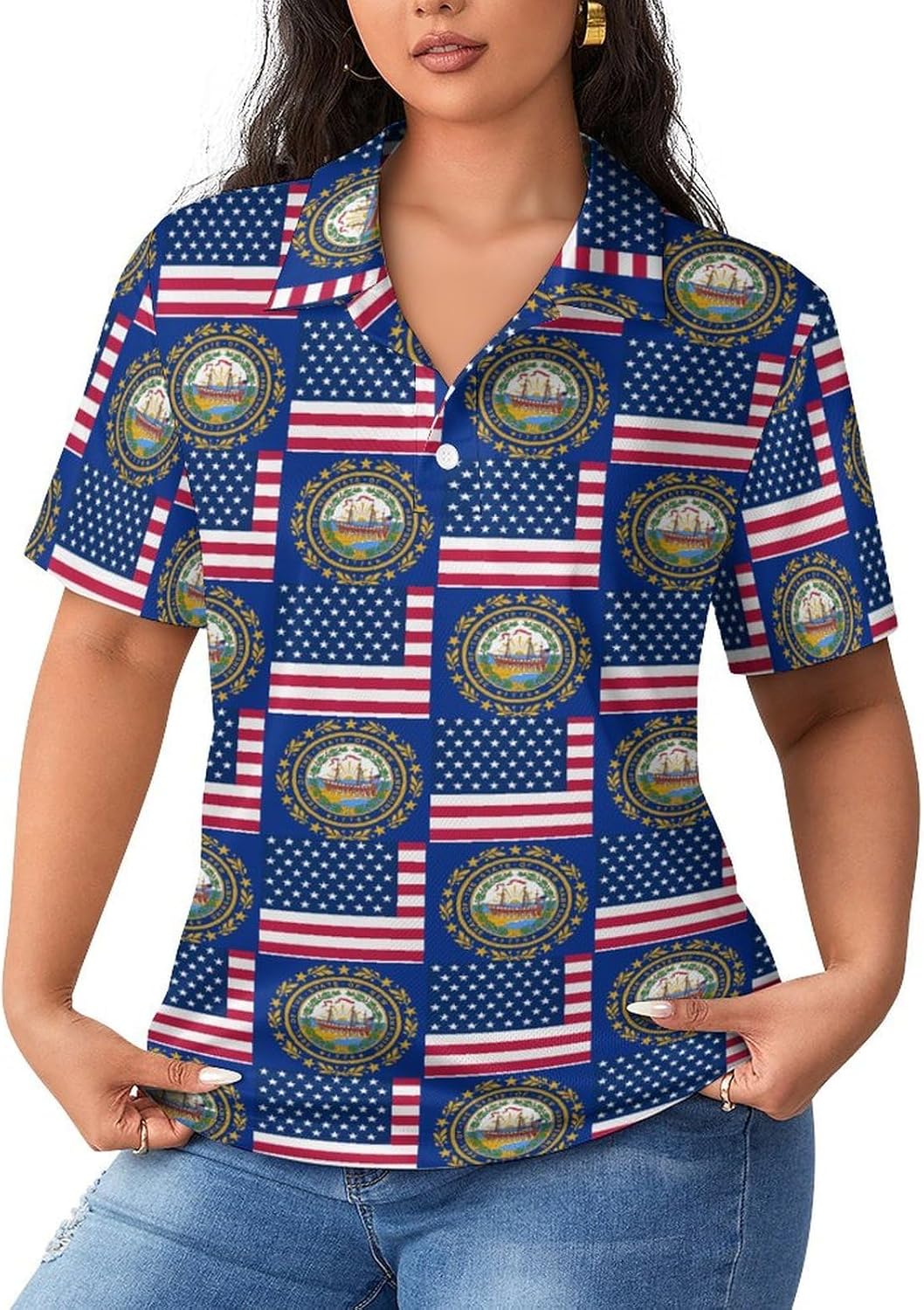 Flag of USA and New Hampshire Women's Golf Polo Shirts Short Sleeve Quick Dry Tennis Tops Casual Work Blouses