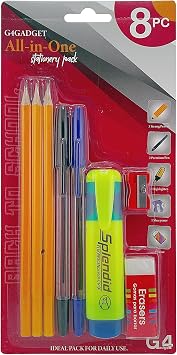 G4GADGET All-in-One Stationery Pencil Set for Kids, Students & Office   8PC Pack with 3 Wooden Pencils, 2 Ballpoint Pens, Highlighter, Eraser & Sharpener for School, Drawing, Sketching & Daily Writing