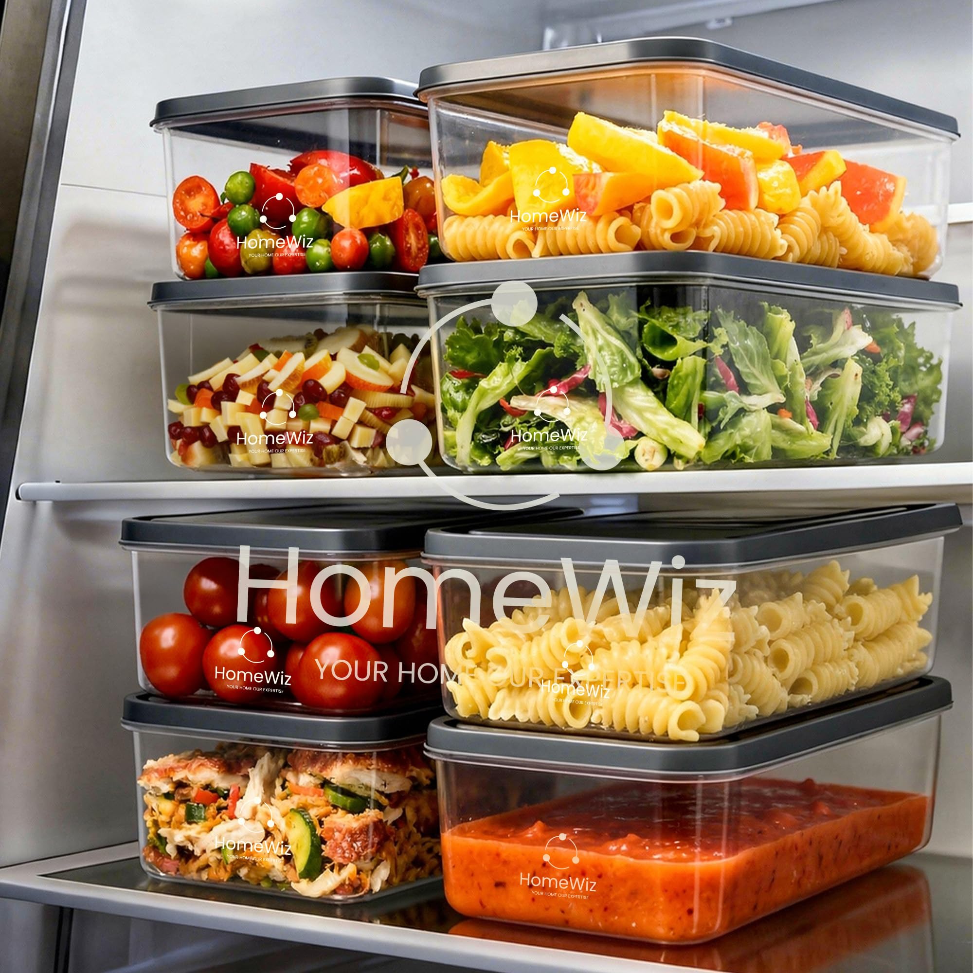 HomeWiz Fridge Storage Containers 1200ml x8 | Air Tight Storage Container Set | Fridge Organiser Storage Boxes |Food Grade BPA-Free Plastic Containers |Stackable, Transparent, for Fruits & Vegetables