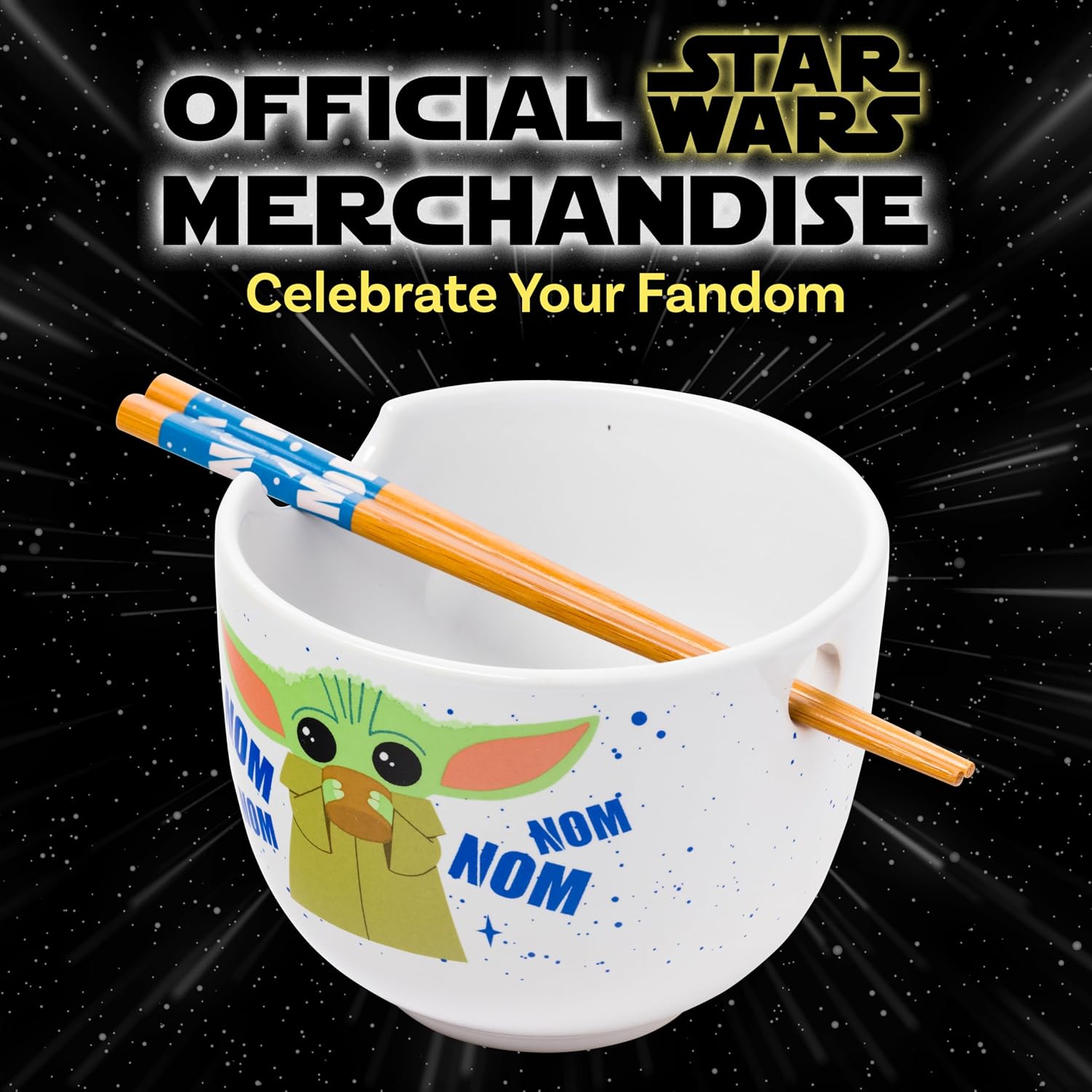 Silver Buffalo Star Wars Mandalorian Baby Yoda Grogu Nom Nom Ceramic Ramen Noodle Rice Bowl with Chopsticks, Microwave Safe, 20 Ounces