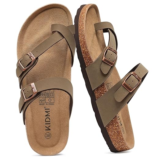 KIDMI Women's Cork Footbed Sandals with Toe Loop, Comfortable Summer Slip-On Slides with Adjustable Buckle