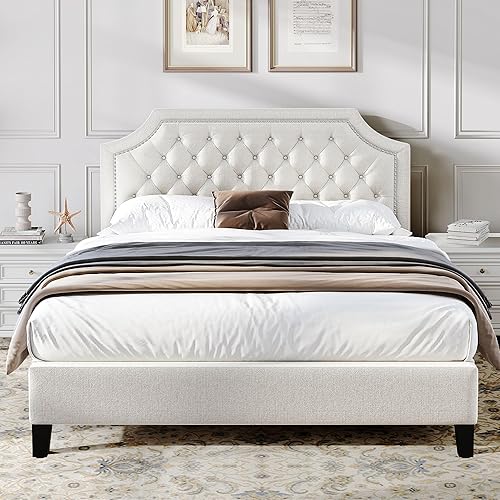 DWVO Base de cama tamaño Queen con cabecera ajustable, base de cama tapizada de lino beige con cabecera de clavos, almacenamiento debajo de la cama