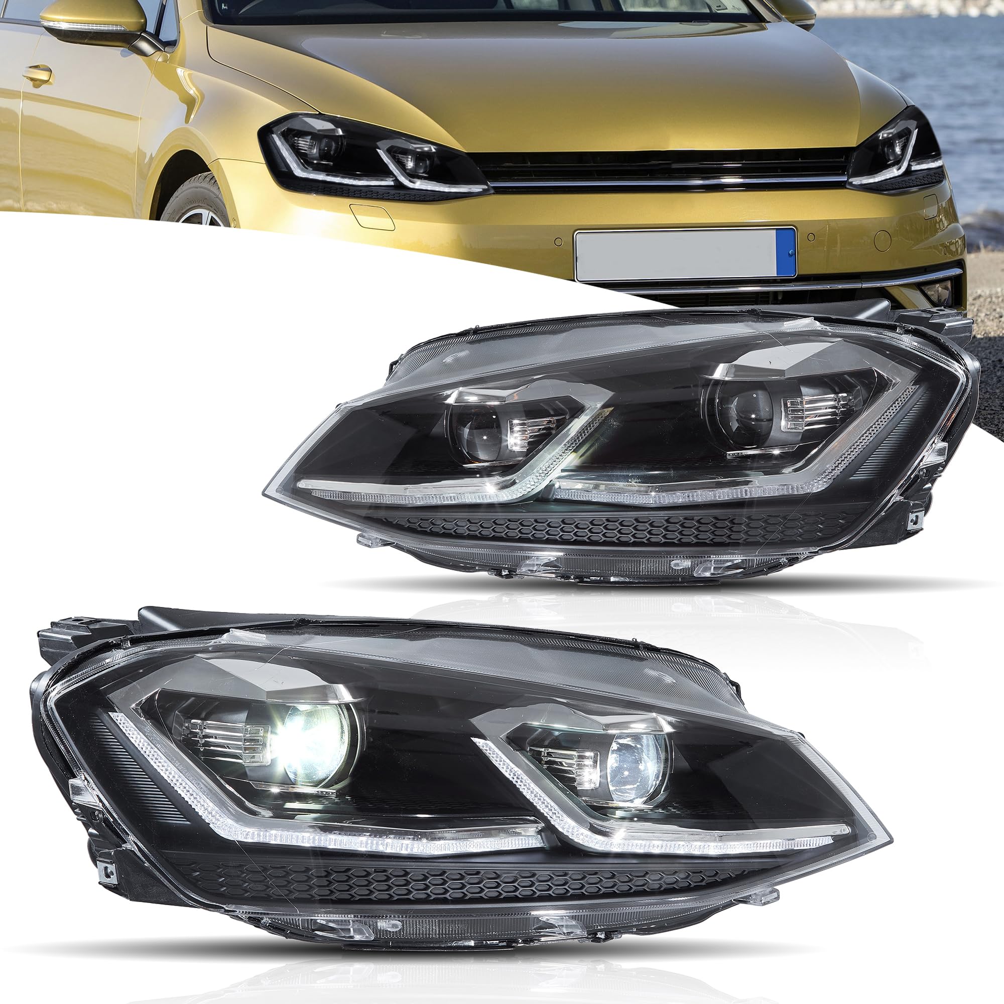 VLAND Fari Full LED per Golf 7.5 Golf MK7.5 TDI TSI alogena 2017-2020 [non per GTI/GTD/Xenon], con indicatore sequenziale - Argento