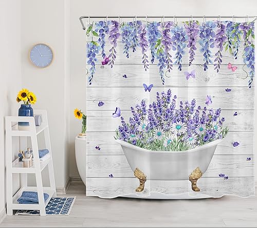 Miniatura 4 de LB Juego de cortinas de ducha de mariposa y flores con alfombras, margaritas y morado lavanda, hojas de eucalipto, cortina de ducha verde con