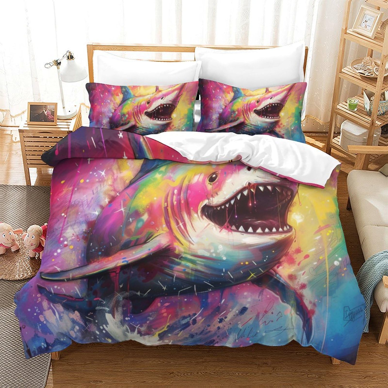Parure de lit housse de couette et taies d'oreiller motif requin blanc 3D enfants garçons
