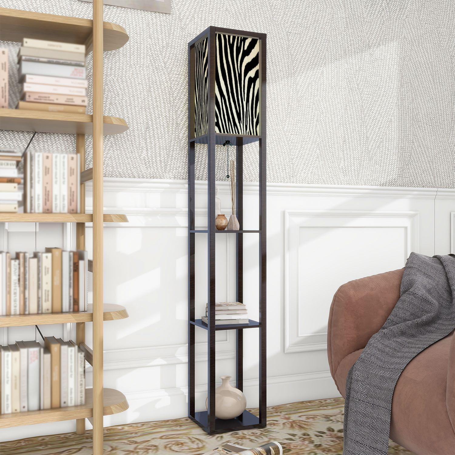 Standing Lamp with Shelves Tall Zebra Stripe Modern Wood Corner Lamp for Bedroom Living Room Office Floor Lamp Mid Century Room Decor