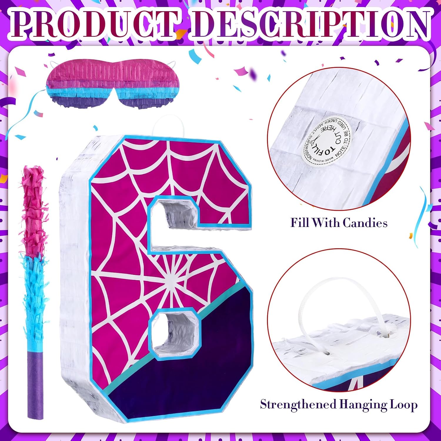 16 Inch Number 6 Spider Pinata for 6th Birthday Party Decorations Purple Pink Spider Party Favors, Spider Pinata with Stick Blindfold Confetti for 6th Birthday Party Supplies, Fiesta, Anniversary