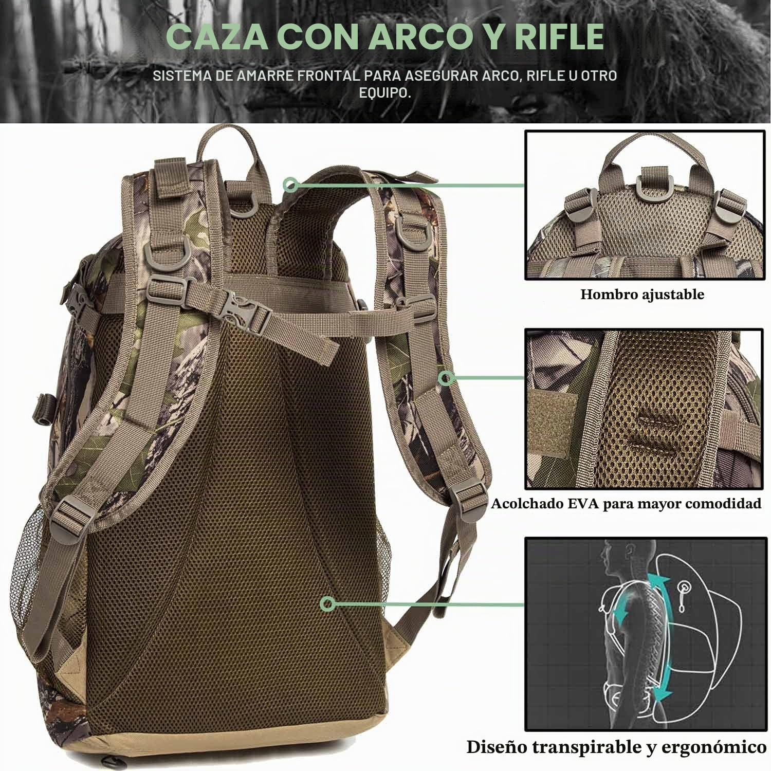 Mochila de caza resistente con sistema para transportar arco y rifle, ideal para acampada, caza y senderismo