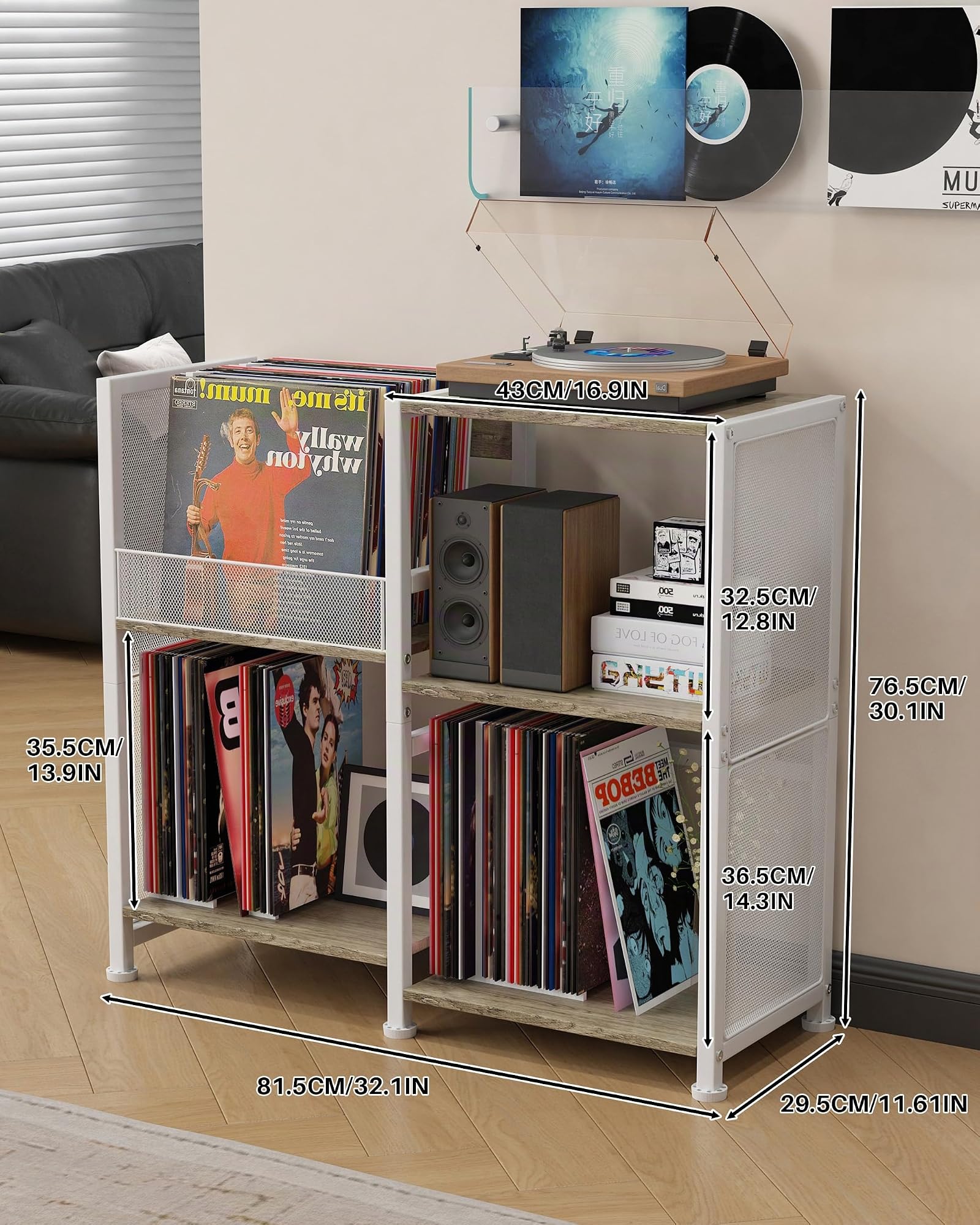 Soporte para tocadiscos, armario de almacenamiento para discos de vinilo | soporte para tocadiscos con espacio de almacenamiento para discos de vinilo para hasta más de 200 álbumes, Blanco