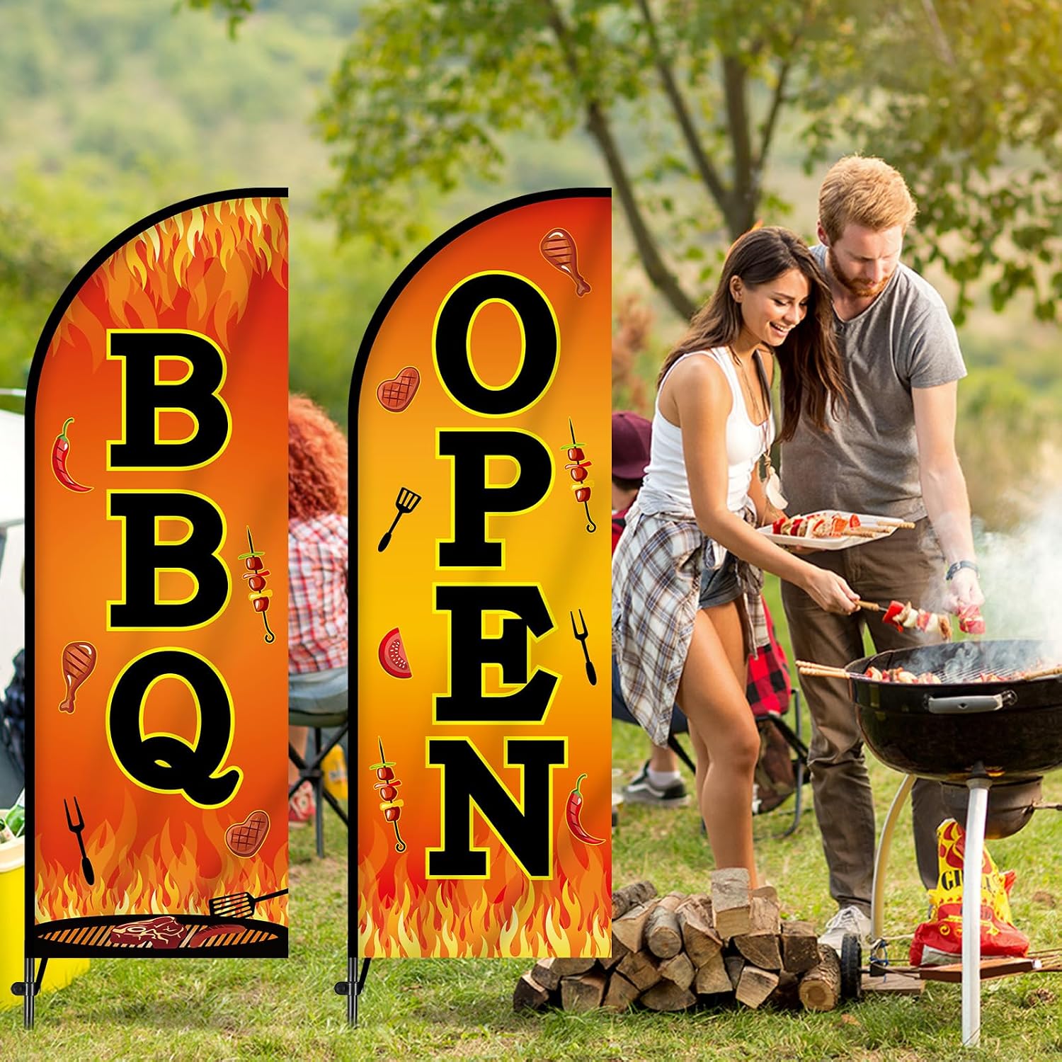 2 Sets BBQ Feather Flag for Businesses Barbecue Swooper Banner Sign with Carbon Fiber Pole and Advanced Ground Stake Portable Bag Open Advertising Flag Banner for Business Advertising Outside