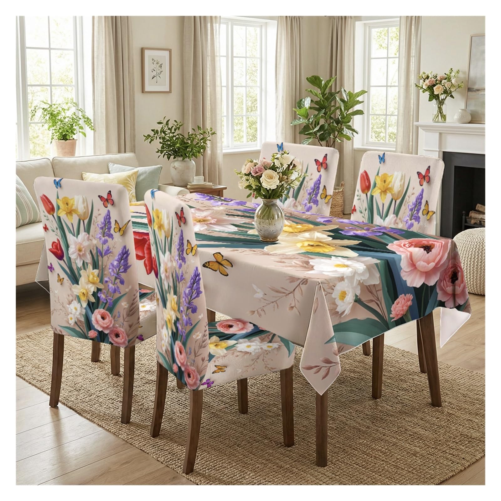 KXUAUV Stretch Dining Chair Slipcover & Tablecloth Set, Light Pink Spring Flower Butterfly Print, 5/7 Pack, Luxury Elegant Home Decor Party Decor(5pcs Set: Tablecloth+Chair Covers)