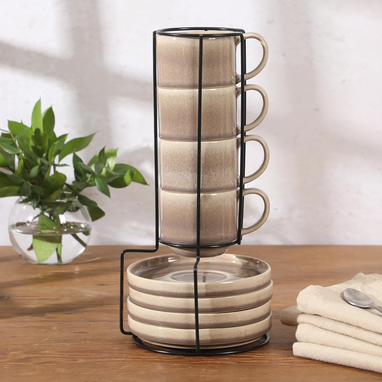 Gibson Elite Sunrise Hills 9-Piece Stackable Stoneware Cup and Saucer Set with Metal Rack, 6 oz, Service for 4, Dishwasher and Microwave Safe, Taupe