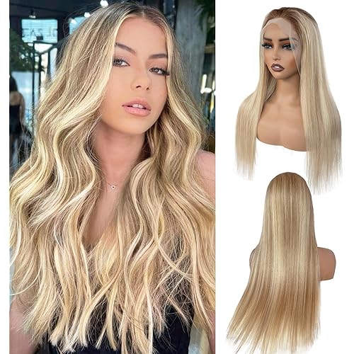 Ash Blonde Human Hair Wigs for White Women, Glueless Highlighted Balayage 13x6 Lace Front Wig Human Hair Mini Knots HD Invisible Lace Wig 180% Density Brown Colored with Blonde Straight Wigs 28"
