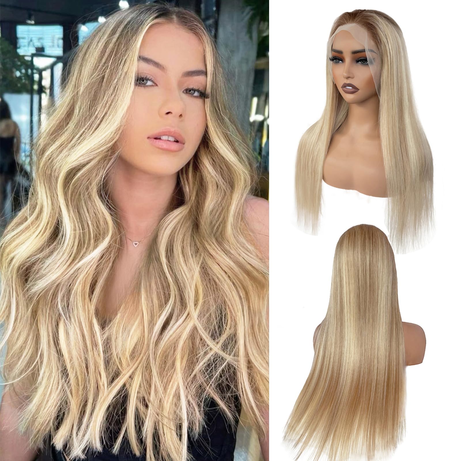 Photo 1 of Ash Blonde Highlight Lace Front Wig, 180% Density 13x6 Balayage Blonde Frontal Wigs Mini Knots HD Invisible Lace Wig for Women Ombre Colored Deep Part Glueless Wigs Pre Plucked 26 Inch