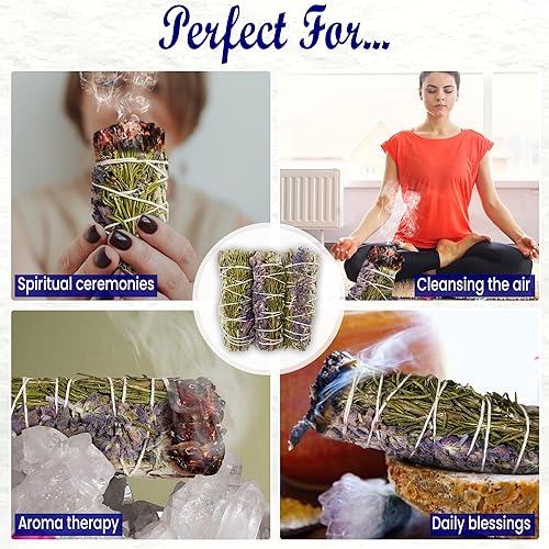 Miniatura 7 de Kit de manchas de salvia para limpiar la energía negativa, el hogar y crear la energía de la felicidad, palitos de romero y salvia de lavanda con