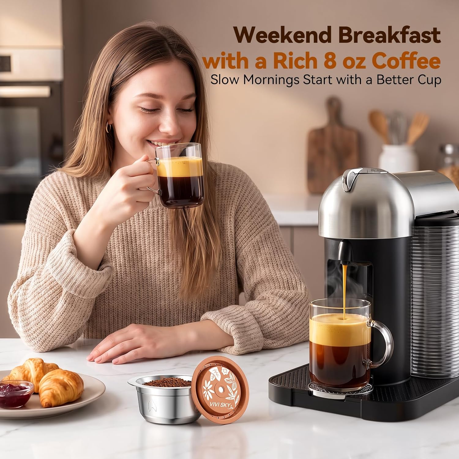 Reusable Coffee Pods for Nespresso Vertuo 8oz Rich Coffee, Machine Friendly