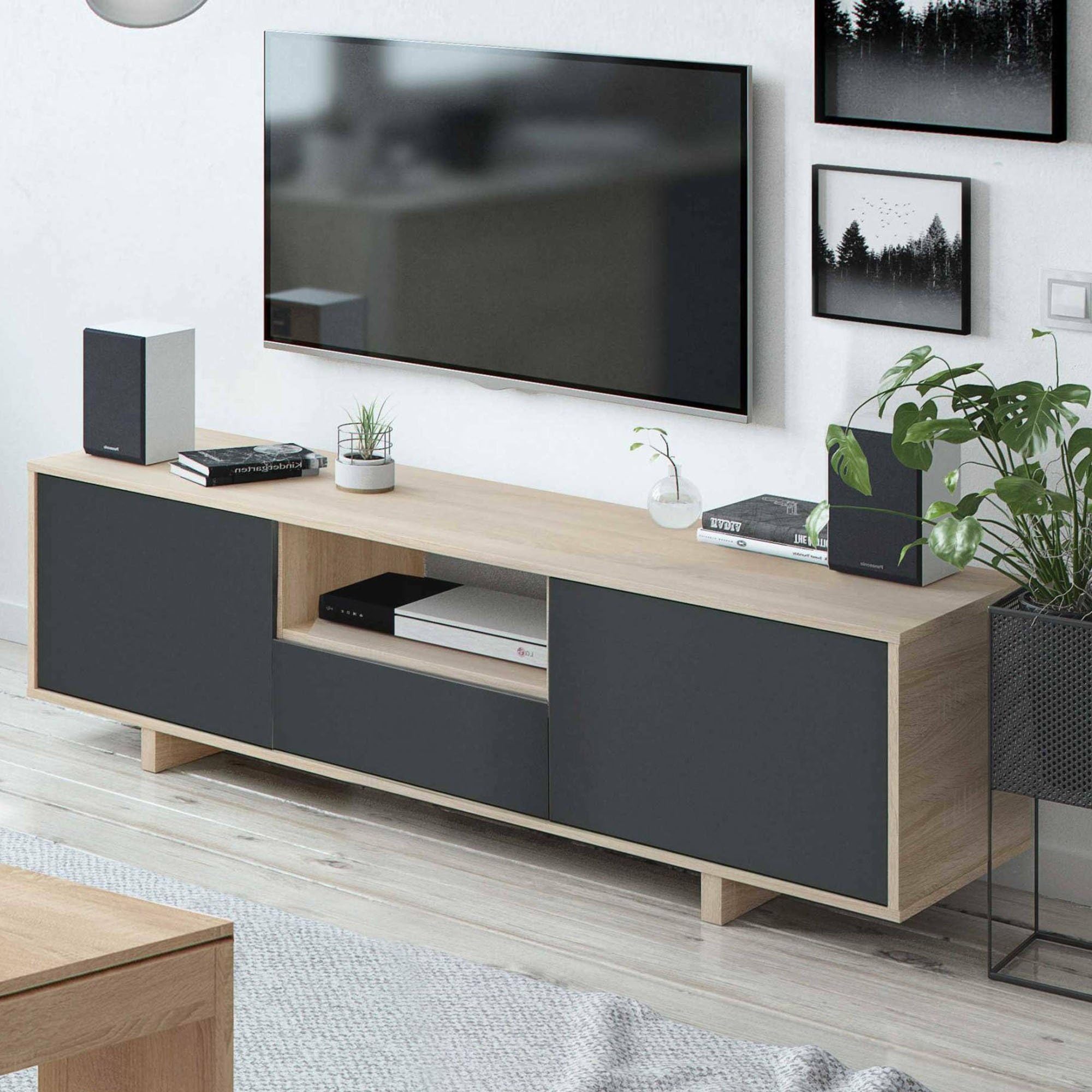 Dmora - Mobile porta TV Visalia, Credenza per televisione da soggiorno, Supporto TV a 3 ante, Credenza bassa, 150x41h46 cm, Rovere