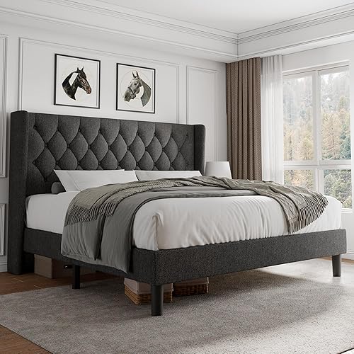 Miniatura 13 de iPormis Base de cama de plataforma de tamaño completo con cabecera capitoné con botones, marco de cama tapizado con listones de madera maciza, Gris