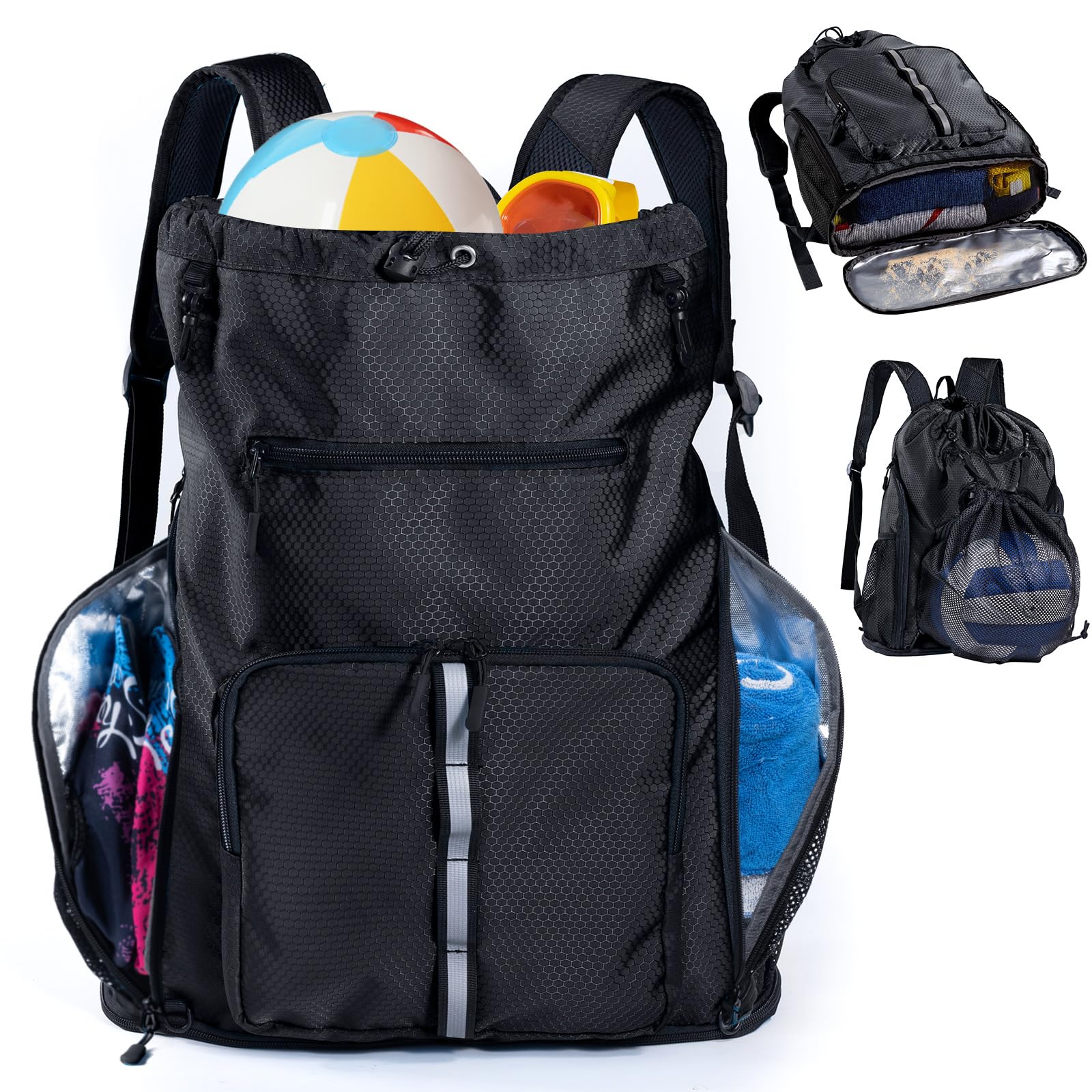 Mochila de playa grande impermeable a prueba de arena, bolsa de piscina con cordón de gran tamaño con compartimento para zapatos para artículos de tocador, toalla