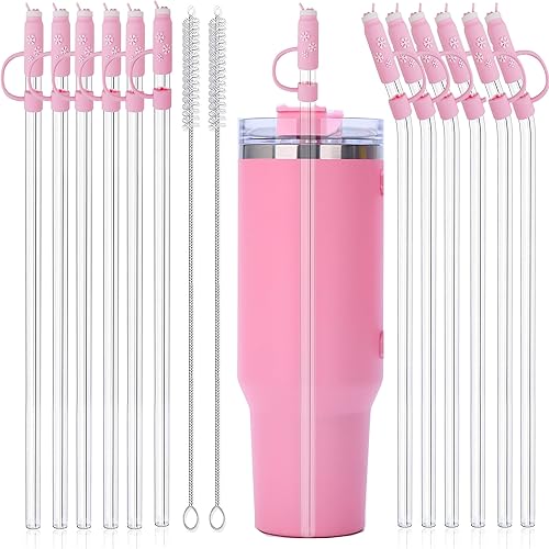 26PCS Reusable Clear Glass Straws Shatter Resistant Drinking Straw 6 Straight and 6 Bent with 12PCS Pink Straw Covers with Cleaning Brushes Environmentally Friendly For Smoothies Tea Juice12.2''x10 MM