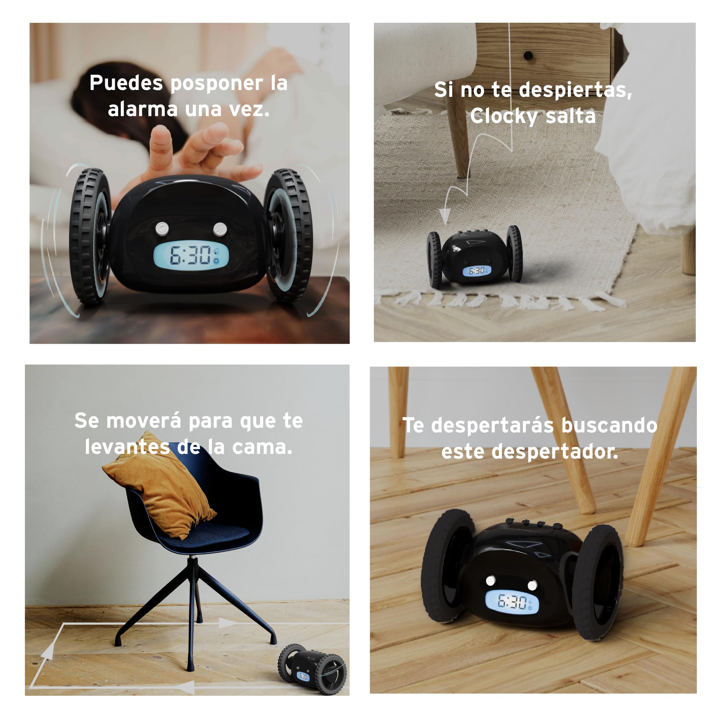 CLOCKY Reloj Despertador Potente Ruidoso Sonido Muy Fuerte para Dormilones Sordos Sueño Profundo Adultos Niños Despertador Digital Inteligente con Ruedas Se Mueve Regalo Divertido (Ruedas Negras)