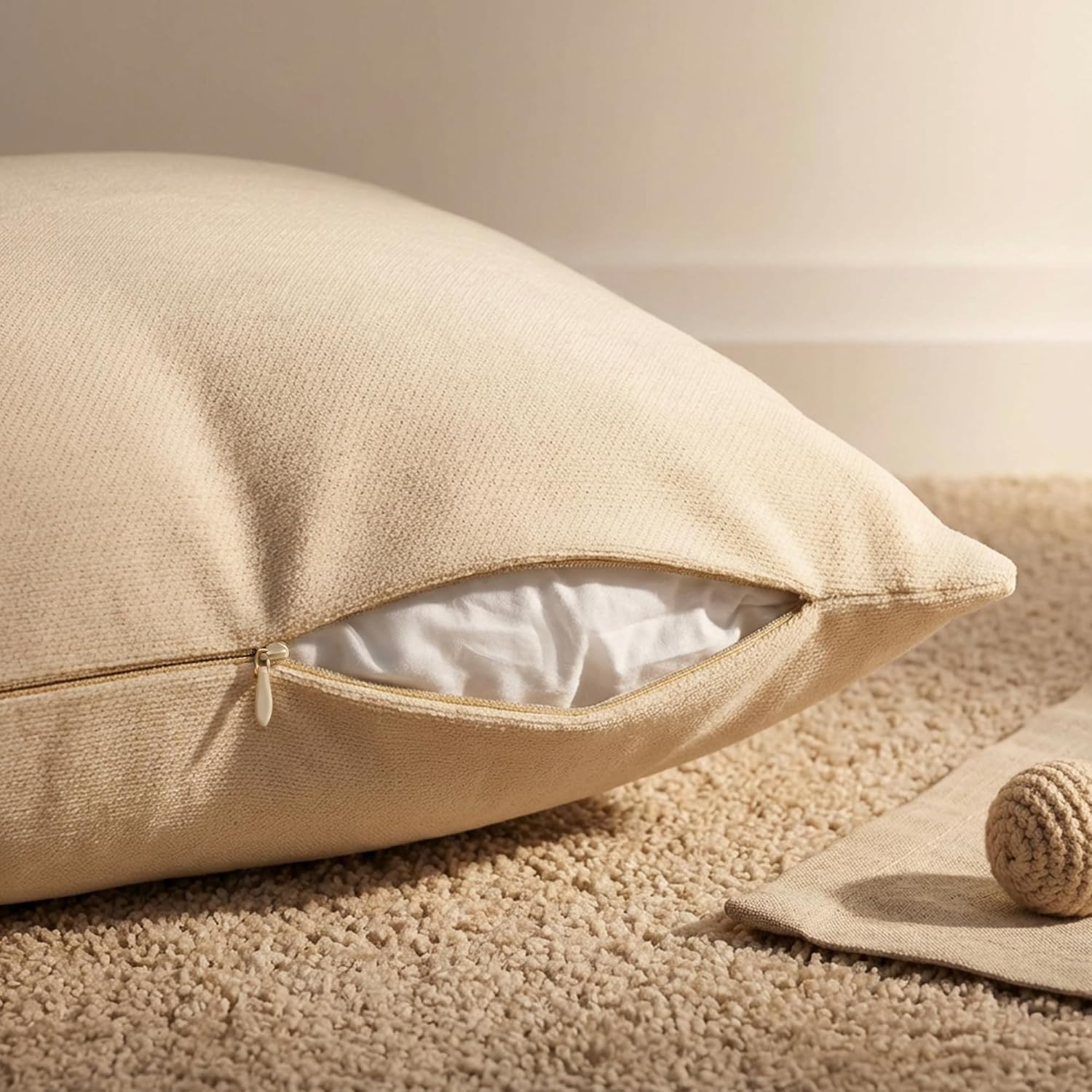 Set of 4 Neutral Throw Pillow Covers 18x18 Inch, Neutral Boho Farmhouse Aesthetic Decorative Pillow Cases for Couch, Sofa, Living Room & Bed, Soft Chenille Pillow Cases, Stylish Home Decor, 45x45 cm - Image 8