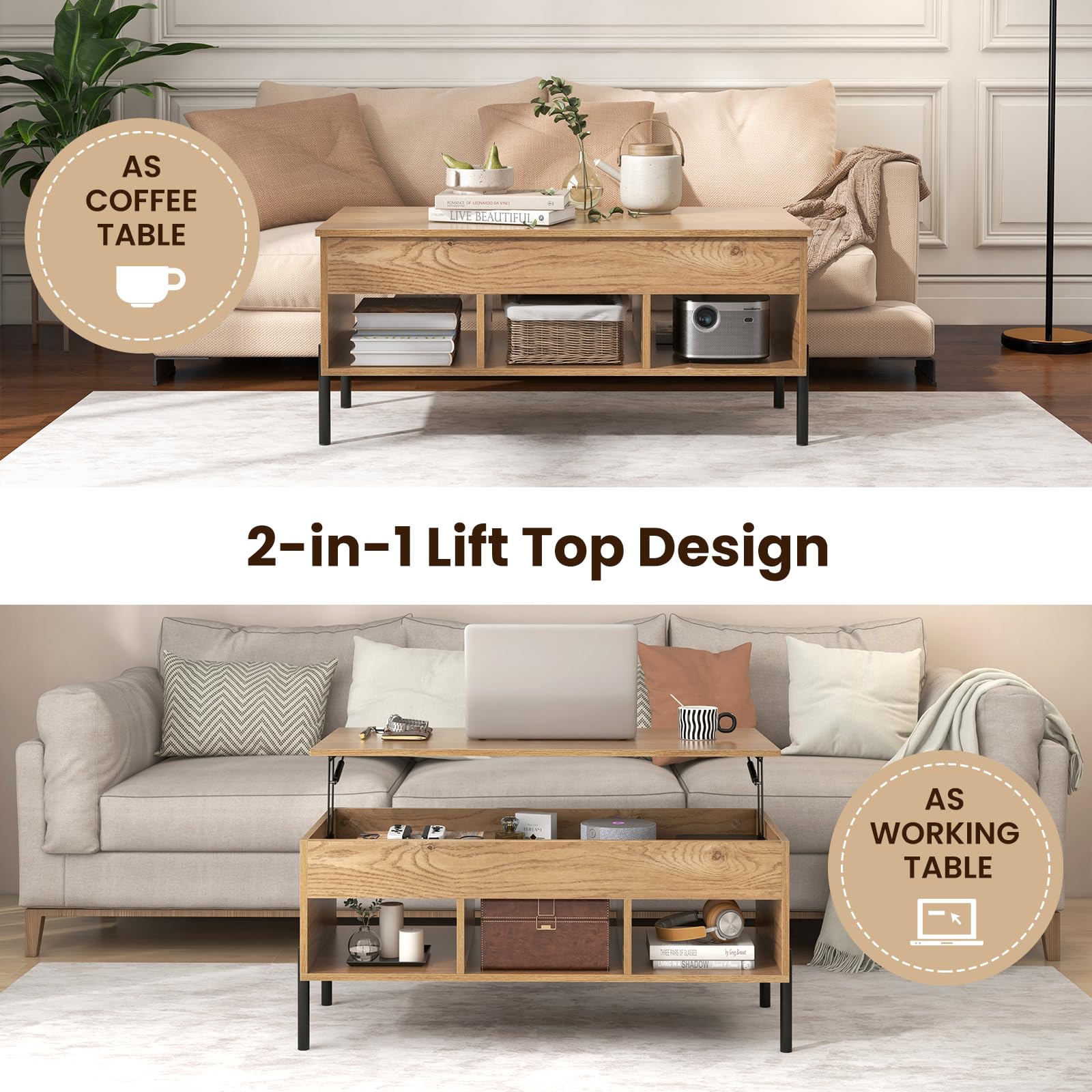 LIFEZEAL Mesa de Centro con Tablero elevable y 3 Compartimentos, Espacio de Almacenamiento Oculto, Moderna Mesa de café de Madera con 4 Patas robustas, 100x50x59,5cm