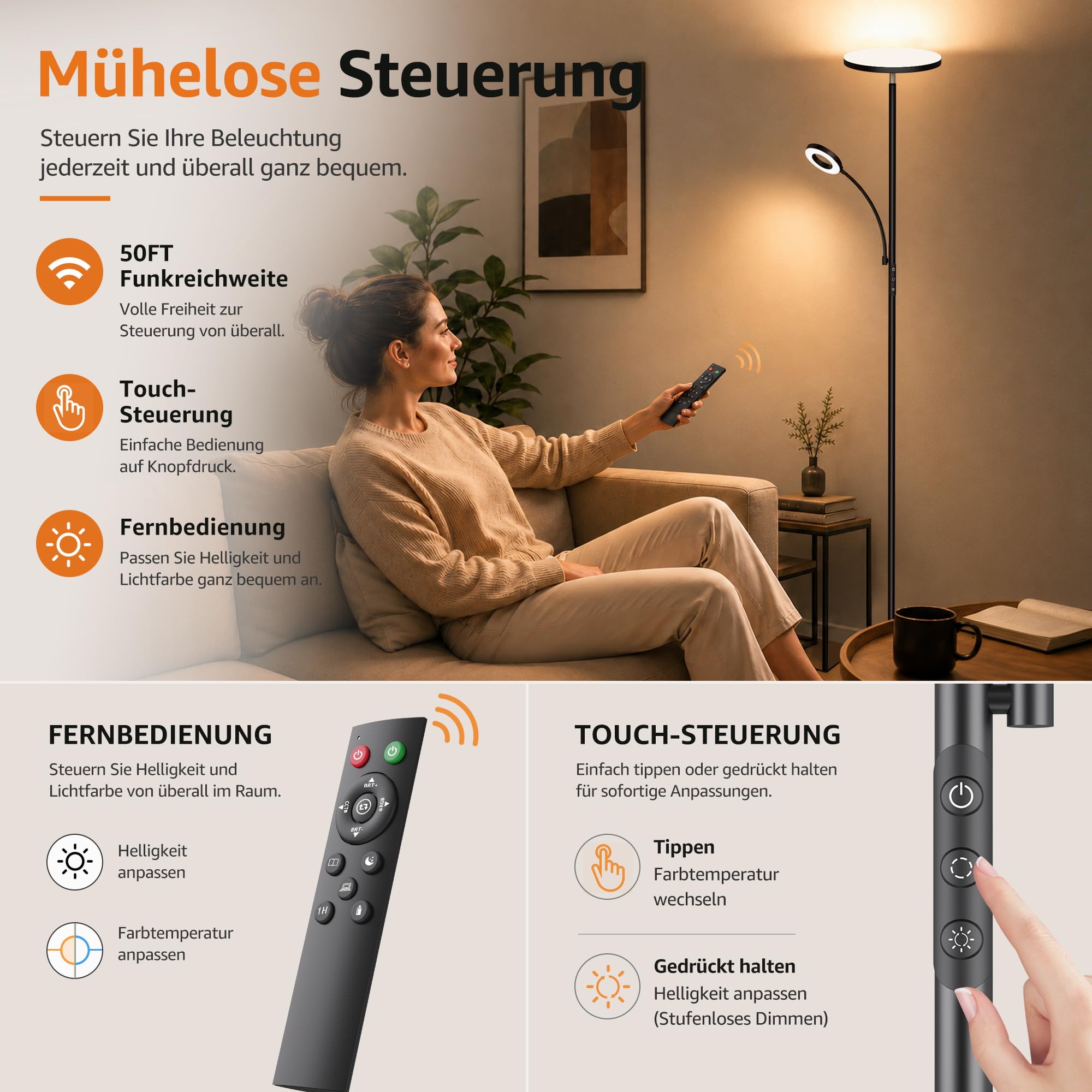 Torkase LED Stehlampe Wohnzimmer, 42W 4200LM Deckenfluter mit Leselampe, Dimmbare Mutter-Tochter Standleuchte mit Magnetischer Fernbedienung, 2700K-6500K Moderne Lampe Schwarz