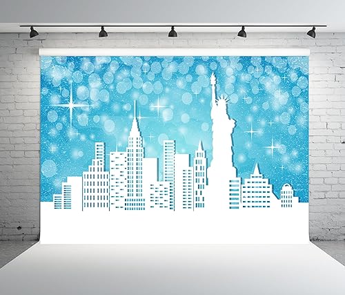 Miniatura 4 de BELECO Telón de fondo de tela de 7 x 5 pies con diseño de Feliz Navidad en Nueva York, escena de nieve, puntos con purpurina azul, estrellas,